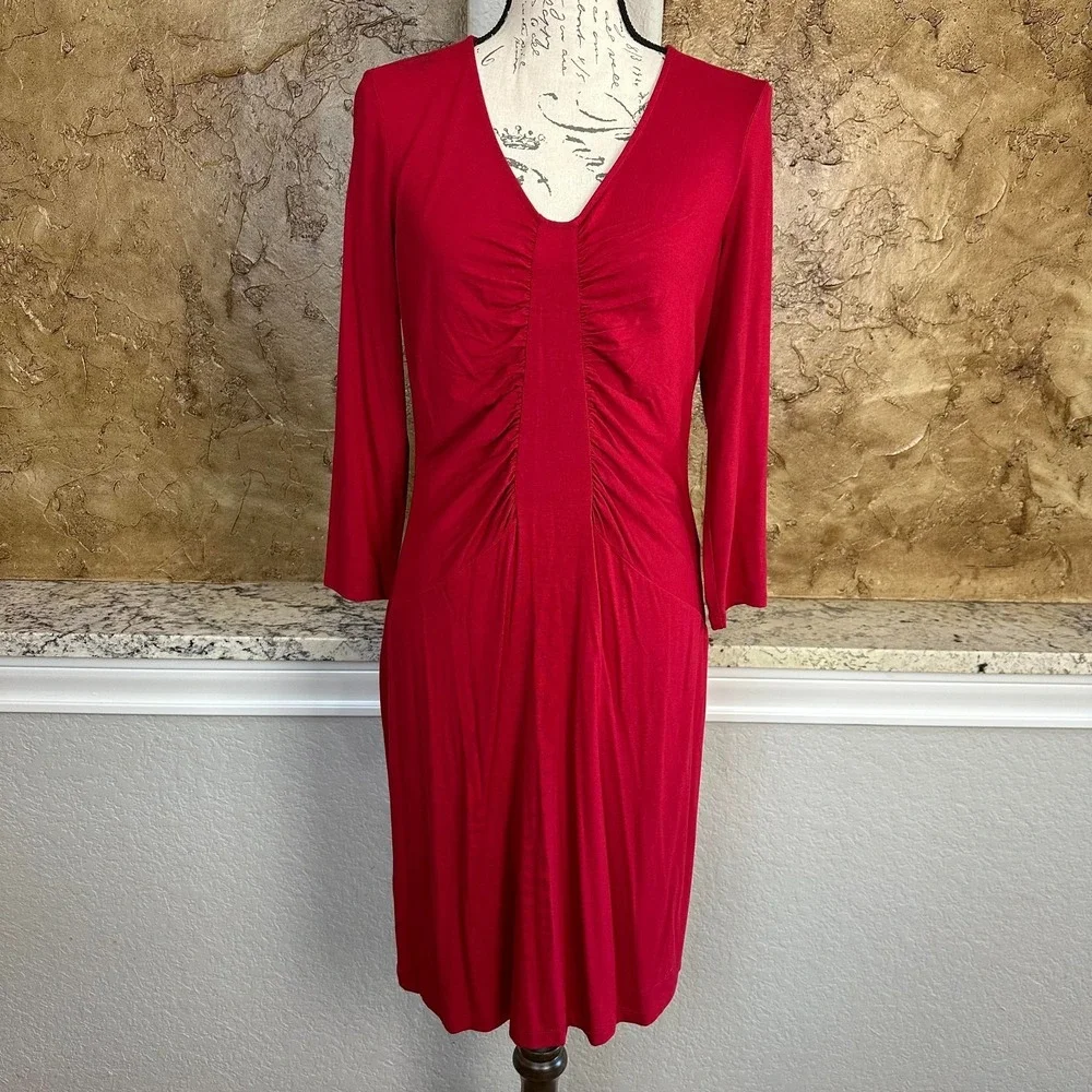 Tommy Bahama Dress Womens Medium Tambour‎ Panel Shirred 3/4 Sleeve Ruched Red